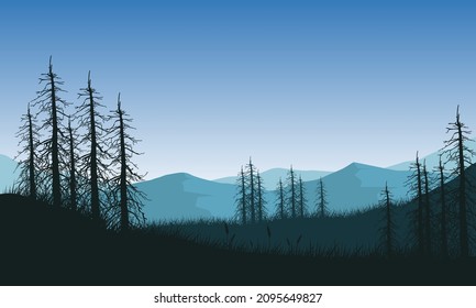 Aesthetically mountains views with dry trees silhouettes from the suburb at sunrise. Vector illustration of a city