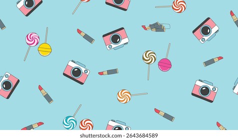 Aesthetically Pleasing Background with Cameras Lipsticks and Lollipops for Various Purposes Free Use