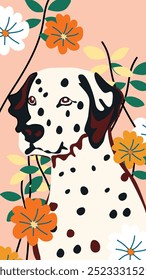 Una ilustración estéticamente agradable presenta un perro dálmata rodeado de una variedad de flores vibrantes, combinando Elementos de la naturaleza y el arte en una representación encantadora y colorida.