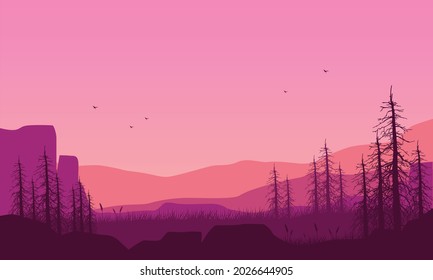 Aesthetically pleasing panoramic silhouette of mountains with dry trees from the edge of town in the afternoon. Vector illustration of a city