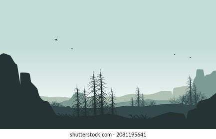 Aesthetically pleasing silhouette of the mountain view with dry trees in the morning from the suburb. Vector illustration of a city