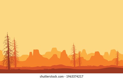 Ästhetisch ansprechende Silhouette von Bergen und trockenen Bäumen, während die Sonne am Nachmittag untergeht. Vektorgrafik einer Stadt
