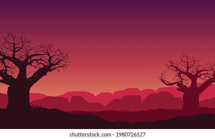 Aesthetically pleasing silhouette of mountains and dry trees at dusk from the outskirts of the city. Vector illustration of a city