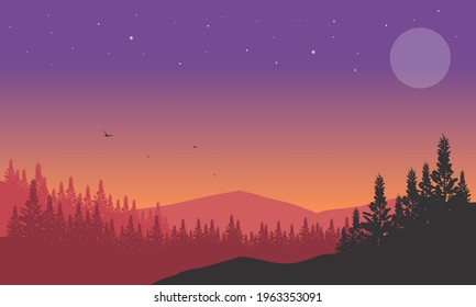 An aesthetically pleasing silhouette of mountains and pine trees at dusk from the suburbs. Vector illustration of a city