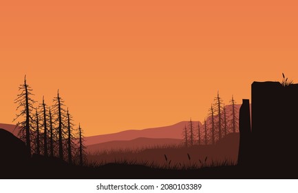 Ästhetisch silhouetted BergS Blick auf Kiefern von außerhalb der Stadt bei der Abenddämmerung. Vektorgrafik einer Stadt