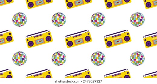 Aesthetics of the 90s, Seamless pattern with Retro magnet for cassettes. 2000s Elements. Modern flat style