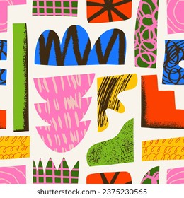 Aesthetics Abstract contemporary seamless pattern with hand drawn textured shapes, spots, scribble and lines. Vibrant grunge geometric brutalism y2k 2000s print. Modern collage vector illustration.