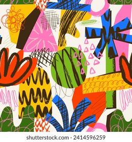Estética Resumen de patrones contemporáneos sin fisuras con formas, puntos, garrapatas y líneas dibujadas a mano. Brutalismo geométrico vibrante y 2k impresión de 2000. Ilustración vectorial de collage moderna.
