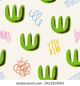 Aesthetics Abstract contemporary seamless pattern with hand drawn textured shapes, spots, scribble and lines. Vibrant grunge geometric brutalism y2k 2000s print. Modern collage vector illustration.