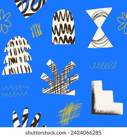 Aesthetics Abstract contemporary seamless pattern with hand drawn textured shapes, spots, scribble and lines. Vibrant grunge geometric brutalism y2k 2000s print. Modern collage vector illustration.