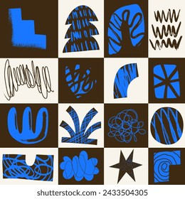 Estética Patrón contemporáneo abstracto sin costuras con formas texturizadas dibujadas a mano, manchas, garabatos y líneas. Vibrante grunge brutalismo geométrico y2k 2000s impresión. Ilustración vectorial de collage moderno.