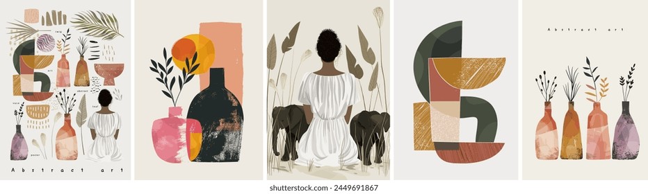 Aesthetics. Abstract modern art. Vector illustration of abstraction, stylish geometric shape, woman sitting back with elephants, vase with plants, twigs and leaves for a wall interior poster 