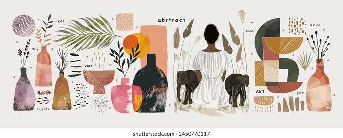 Aesthetics. Abstract modern art. Vector illustration of abstraction, stylish geometric shape, woman sitting back with elephants, vase with plants, twigs and leaves for a wall interior poster 