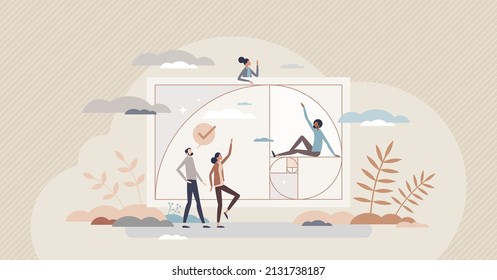 Aesthetics as beautiful shape or figure with golden ratio tiny person concept. Elegant formation with scale balance and symmetry vector illustration. Section proportion for aesthetic look pattern.