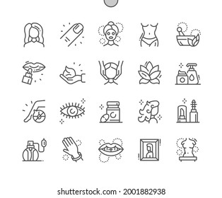 Aesthetics. Body care and manicure. Beautiful girl. Aromatherapy. Cosmetology, woman, beauty. Pixel Perfect Vector Thin Line Icons. Simple Minimal Pictogram