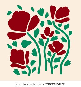 Aesthetics of Matisse's curves. Groovy abstract postcards with patterns. Flower drawings, botanical art. Fashionable organic style of naive retro hippies of the 60-70's. Mother's Day vector background