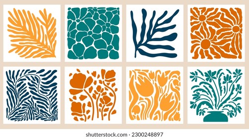 Aesthetics of Matisse's curves. Groovy abstract postcards with patterns. Flower drawings, botanical art. Fashionable organic style of naive retro hippies of the 60-70's. Mother's Day vector background