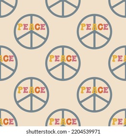 Aesthetics of the seventies, fun groovy elements. Peace symbol. Retro fabric hippie design, seamless pattern