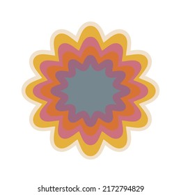 Aesthetics of the seventies, fun groovy flower sticker. Crazy psychedelic mandala. Spiral graphic element. Retro design, muted colors, strokes. Vector illustration.