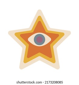 Aesthetics of the seventies, fun groovy star sticker. Crazy psychedelic eye. Star symbol graphic element. Retro design, muted colors, strokes. Vector illustration.