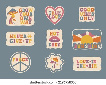 Aesthetics of the seventies, fun groovy sticker pack. Motivational popular phrases: Grow your own way, Good vibes only, Never give up, Love in the air, True love, Hot baby