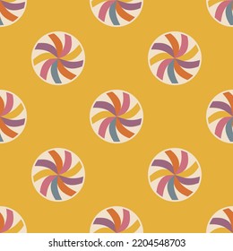 Aesthetics Of The Seventies, Groovy Striped Multicolor Swirl Circle. Retro Vector Hypnosis Sign. Hippie Spiral. Seamless Pattern