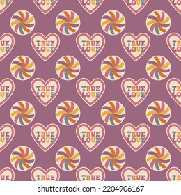 Aesthetics Of The Seventies. Hippie Psychedelic Seamless Pattern. Simple Print With Hearts And Groovy Striped Multicolor Swirl Circle. Retro Vector Hypnosis Sign. Hippie Spiral. True Love Text