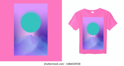 Aesthetics Vaporwave T-shirt Print Template with Sun and Mountains: 90s 80s Retro Japan K-pop Cartoon Kawaii Otaku Hipster Style, Synthwave/ Retrowave Neon Color Pastel Tones.