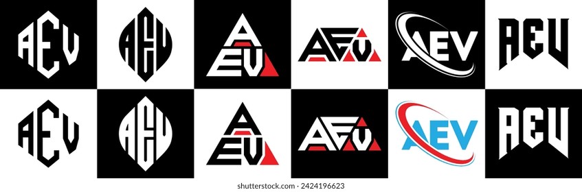 AEV letter logo design in six style. AEV polygon, circle, triangle, hexagon, flat and simple style with black and white color variation letter logo set in one artboard. AEV minimalist and classic logo