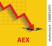 Aex crash , stock market crash and bear market concept.The AEX (Amsterdam Exchange Index) is located in the Netherlands and is traded on the Euronext Amsterdam exchange.