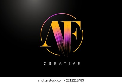 AF Brush Stroke Letter Logo Design. Orange Purple Paint Logo Leters Icon with Elegant Circle Vector Design.