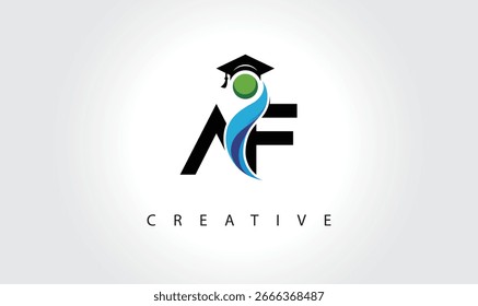 Logotipo creativo de la letra de AF con el casquillo de la graduación y el humano Abstractas – diseño moderno del símbolo de la Educación y del aprendizaje	