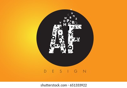 AF A F Logo Design Made of Small Letters with Black Circle and Yellow Background.