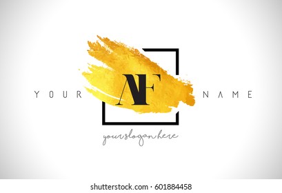 AF Golden Letter Logo Design with Creative Gold Brush Stroke and Black Frame.