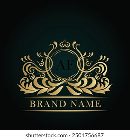 Logotipo de letra dorada AF. Logotipo AF inicial Emblema de adorno de lujo. Plantilla de oro para cafetería, bares, boutiques, invitaciones. Logotipo para negocios. Elementos de Antiguas. 