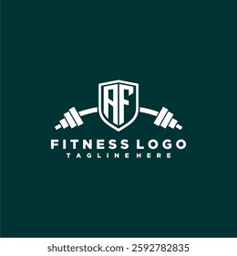 AF initial monogram for fitnes or gym logo with creative shield and barbell design