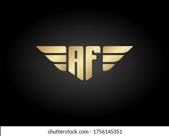Letra AF Escudo con logotipo con alas de color oro vectorial en fondo negro