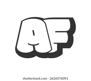 AF logo, bubble comic lettering, rounded in graffiti style black and white silhouette. Trendy preschool A and F letter text for festival party, personal initials, children funky print and web. 