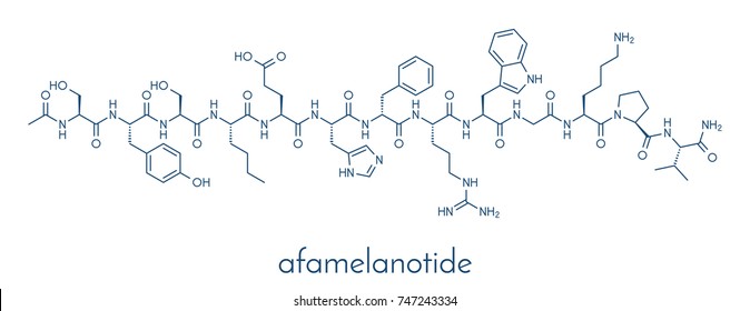 Afamelanotide (melanotan-1) photoprotective drug molecule. Skeletal formula. svg