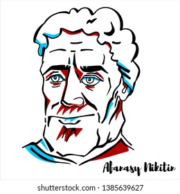 Afanasy Nikitin engraved vector portrait with ink contours. Russian merchant of Tver and one of the first Europeans (after Niccolò de' Conti) to travel to and document his visit to India.
