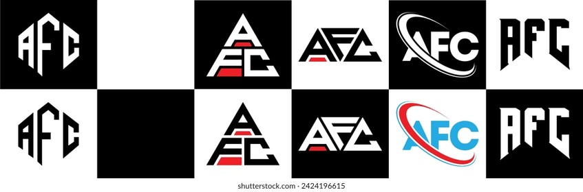 AFC letter logo design in six style. AFC polygon, circle, triangle, hexagon, flat and simple style with black and white color variation letter logo set in one artboard. AFC minimalist and classic logo