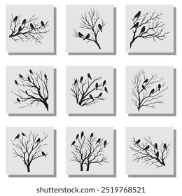 Afernoon birds perched on a tree without leaves, Vector illustrator silhouette in a dark color on a white background