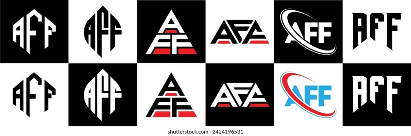 AFF letter logo design in six style. AFF polygon, circle, triangle, hexagon, flat and simple style with black and white color variation letter logo set in one artboard. AFF minimalist and classic logo