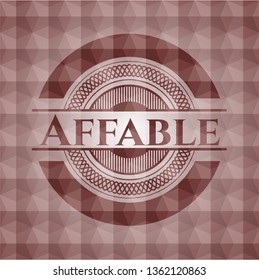 Affable red emblem or badge with abstract geometric pattern background. Seamless.