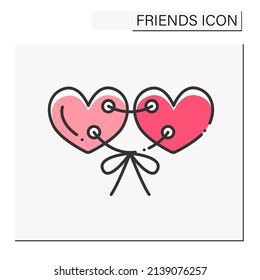 Affection color icon. Two hearts sewing by thread. Soulmates. Love and support. Friends line icon. Isolated vector illustration