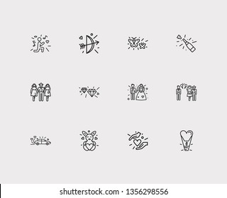 Affection icons set. Bow with arrow and affection icons with caring, butterflies and groom with bridal. Set of weapon for web app logo UI design.