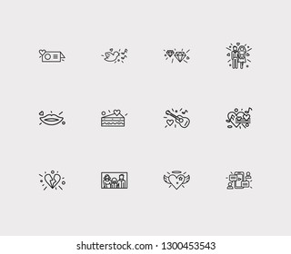 Affection icons set. Couple and affection icons with video chat, family photo frame and lips. Set of audio for web app logo UI design.