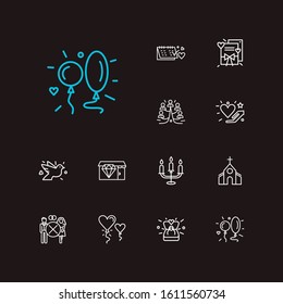 Affection icons set. Date day and affection icons with divorce, handing heart, jewelry shop. Set of together for web app logo UI design.