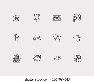 Affection icons set. Heart with arrow and affection icons with bridal bouquet, heart shaped glasses and pregnancy. Set of man for web app logo UI design.