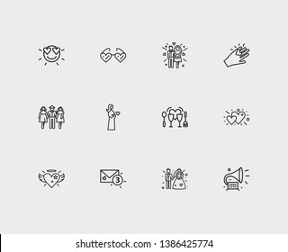 Affection icons set. Hearts and affection icons with two girls with boy, heart with wings and heart shaped glasses. Set of beauty for web app logo UI design.